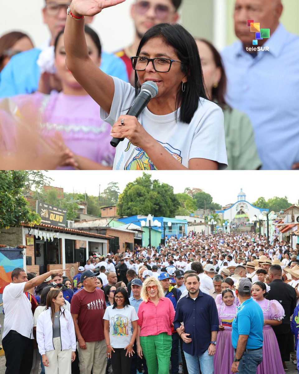 telesurenglish's tweet image. Acting President Delcy Rodriguez visited Barquisimeto, in #Lara State, on April 23, 2026. This visit was a key stop on the “Great National Pilgrimage: United for a #Venezuela Free of Sanctions and at Peace”; as part of this successful event, a march was held to the Shrine of the