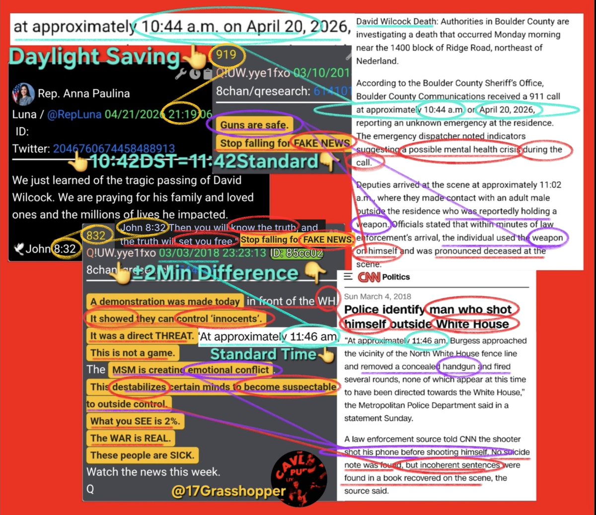 17Grasshopper's tweet photo. Ask Yourself:
Why Would Rep. Anna Paulina Luna Post John 8:32 at 9:19 PM ET?

John 8:32 — “Then you will know the truth, and the truth will set you free.”

Did you know Q Drop 832 describes a man who SHOT HIMSELF at the White House… but ONLY AFTER FIRST SHOOTING HIS own PHONE?

Here’s the STRIKING detail most people missed: BOTH INCIDENTS BEGAN at nearly the EXACT same TIMESTAMP, within roughly two minutes of each other.

• White House incident (March 3): “at approximately 11:46 AM” (Daylight Saving Time) = 10:46 AM Standard Time
• David Wilcock (April 20): “at approximately 10:44 AM” (Standard Time) = 11:44 AM Daylight Saving Time

Anna 9:19 PM Q919 dropped:
“GUNS ARE SAFE. Stop falling for FAKE NEWS.”

Is Congresswoman Luna pointing us toward something FAR BIGGER than the SURFACE story?

John 8:32: “Then you will know the truth, and the truth will set you free.”

So yes — stop FALLING for the FAKE NEWS, because THE TRUTH WILL SET YOU FREE.

Now read Q832 CAREFULLY. What does it ACTUALLY say?

“A DEMONSTRATION WAS MADE TODAY IN FRONT OF THE WHITE HOUSE.
👉IT SHOWED THEY CAN CONTROL ‘INNOCENTS.’
👉IT WAS A DIRECT THREAT.
👉THIS IS NOT A GAME.
THE MSM IS CREATING👉EMOTIONAL CONFLICTS.
👉THIS DESTABILIZES CERTAIN MINDS,
MAKING THEM SUSCEPTIBLE TO OUTSIDE CONTROL.
WHAT YOU SEE IS 2%.
THE WAR IS REAL.”

Ask yourself the OBVIOUS question the MEDIA REFUSES to touch:
WHY did the man SHOOT his PHONE FIRST?
Could certain devices be USED to CONTROL or TARGET people?

I understand👆the NARRATIVE they’re👆pushing — they’re DESPERATELY trying to FRAME David Wilcock’s April 20th situation as just another [WH] “mental health crisis.”

THEY KNOW:
David has long been outspoken against suicide. 
BUT THEY ALSO KNOW:
His audience knows EXACTLY what “a targeted individual” means.

So here’s the REAL question:
Are they USING the “mental health”label, think "WH Targeted individual" as the PERFECT cover to "SILENCE" someone who was getting TOO CLOSE to the TRUTH?

Or… did David OUTSMART them on his way out?

Because he knows: Questions Provides Answers. 

The war is real.
Only 2%...
The Truth … WILL Set you FREE.