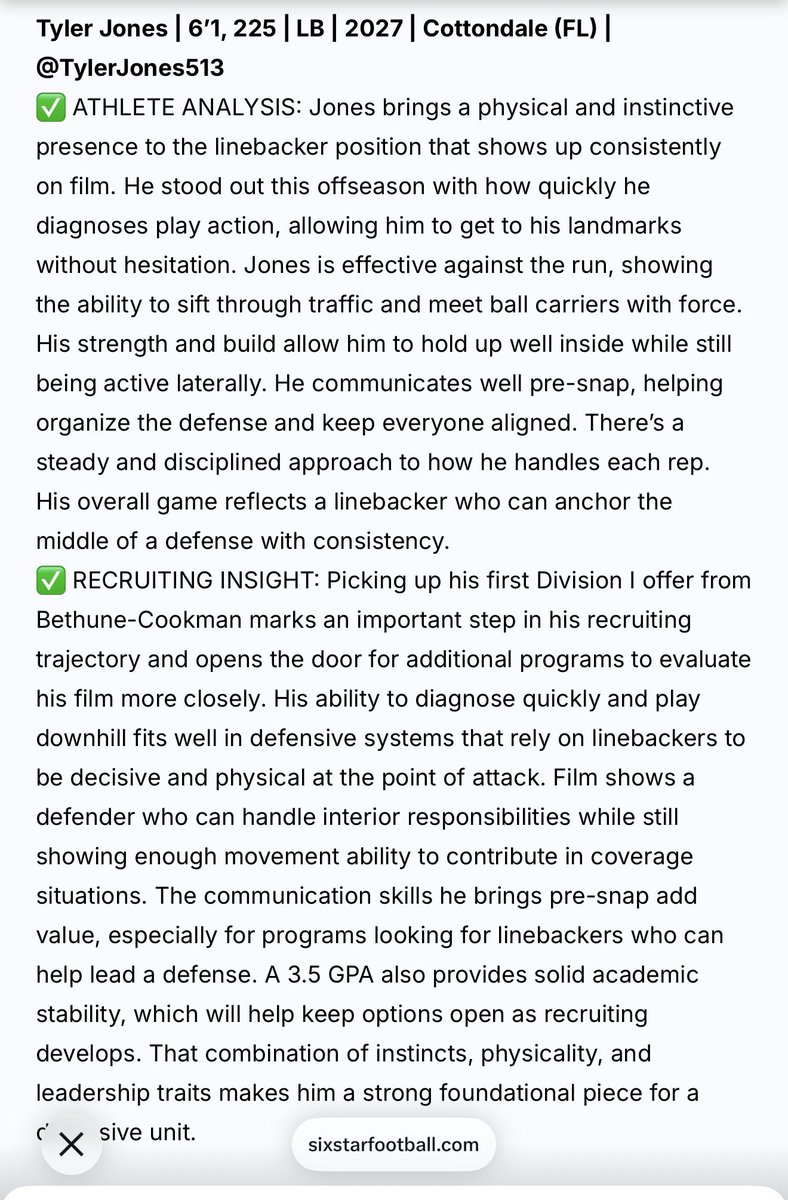 TylerJones513's tweet photo. Thank you @sixstarfootball for the evaluation⭐️⭐️ https://t.co/Dqyto2YQyk