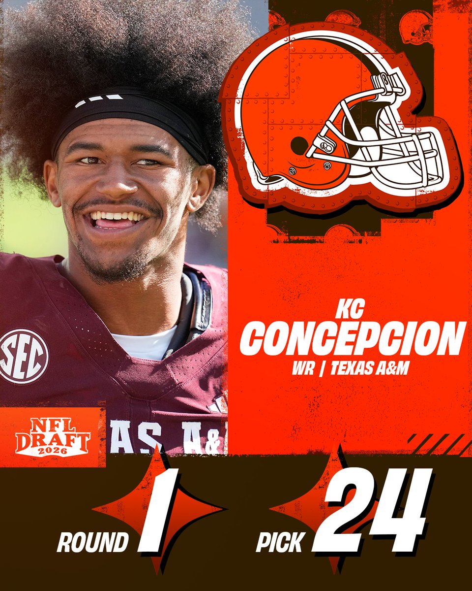 Round 1, Pick 24: <a href="/Browns/">Cleveland Browns</a> select <a href="/AggieFootball/">Texas A&M Football</a> WR KC Concepcion! #NFLDraft

nfl.com/prospects/kc-c…