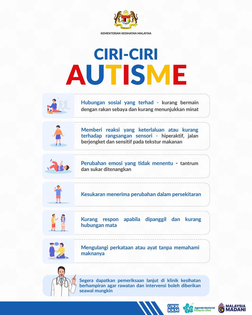 ‼️Ibu bapa dan penjaga kanak-kanak perlu sensitif dengan tanda-tanda Autisme Spectrum Disorder (ASD) dan perkembangan anak 👦🏻 masing-masing. Ibu bapa dan penjaga kanak-kanak juga perlu segera merujuk kepada doktor perubatan untuk kepastian dan pemantauan. Intervensi awal amat