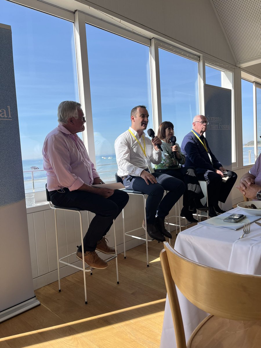 KAOSVIC's tweet photo. At @SorrentoWritFes with my bookgroup. A wealth of talent. So far political lunch, Prof Peter Doherty, Steve Bracks @ @zdaniel. @JohnBoyne this arvo before refreshing swim! https://t.co/W7KpFCyZMn