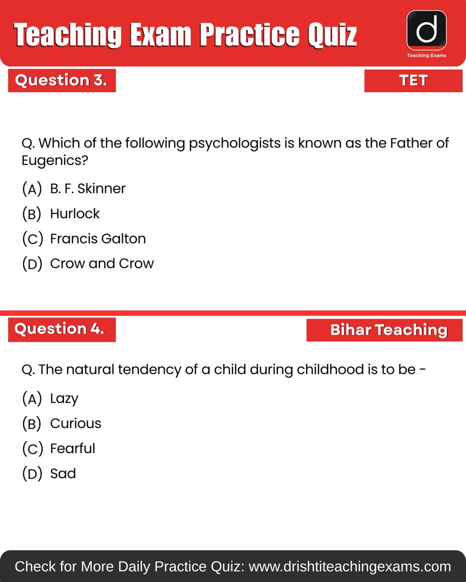 Drishtiteaching's tweet image. Today’s daily practice quiz is here 📚 Try it and check your score!

More such available on Drishti Teaching Exams Website for daily practice.

#UGC #TET #TGT #PGT #BiharTeaching #MCQ #PracticeQuiz #PYQ #TeachingMCQ #DrishtiTeachingExams