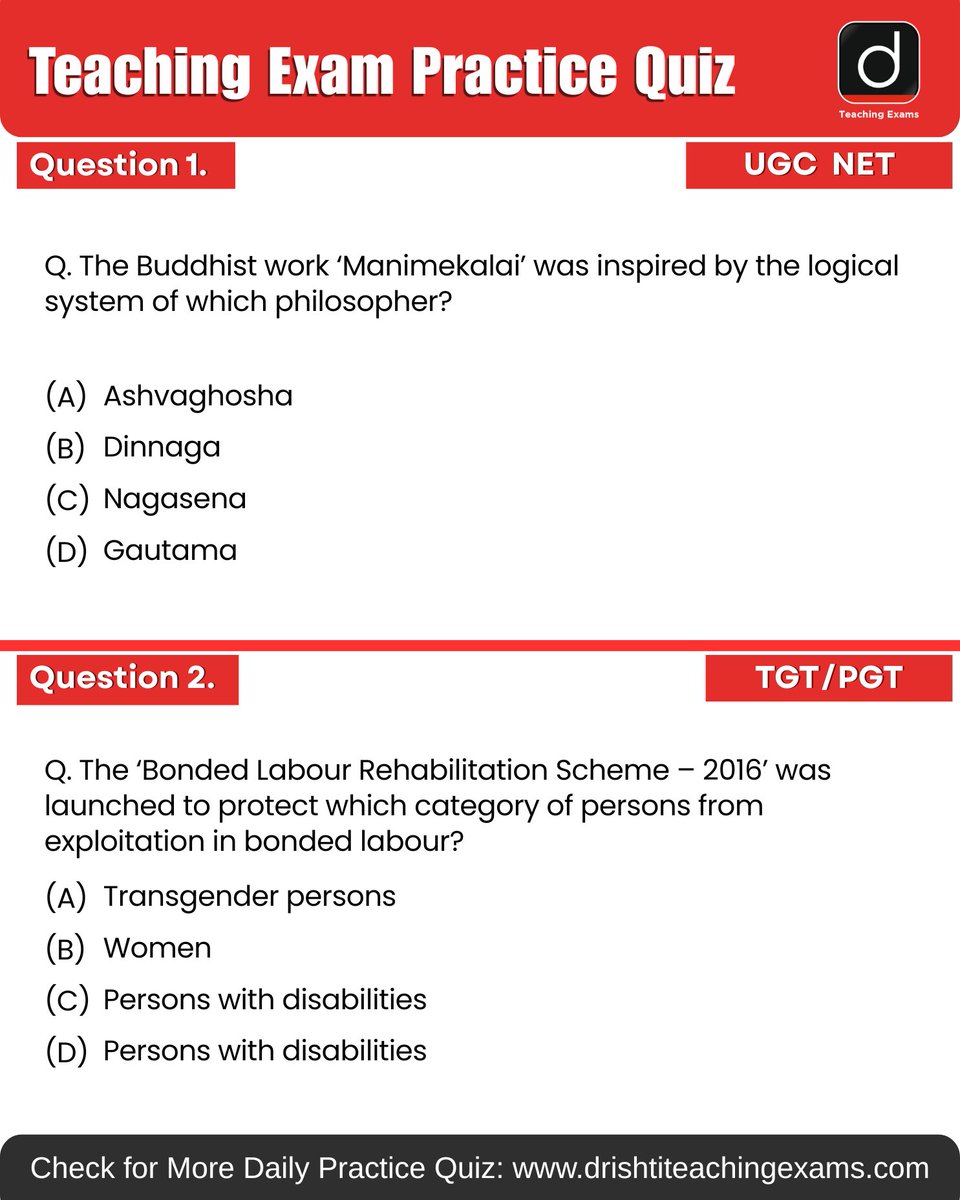 Drishtiteaching's tweet image. Today’s daily practice quiz is here 📚 Try it and check your score!

More such available on Drishti Teaching Exams Website for daily practice.

#UGC #TET #TGT #PGT #BiharTeaching #MCQ #PracticeQuiz #PYQ #TeachingMCQ #DrishtiTeachingExams