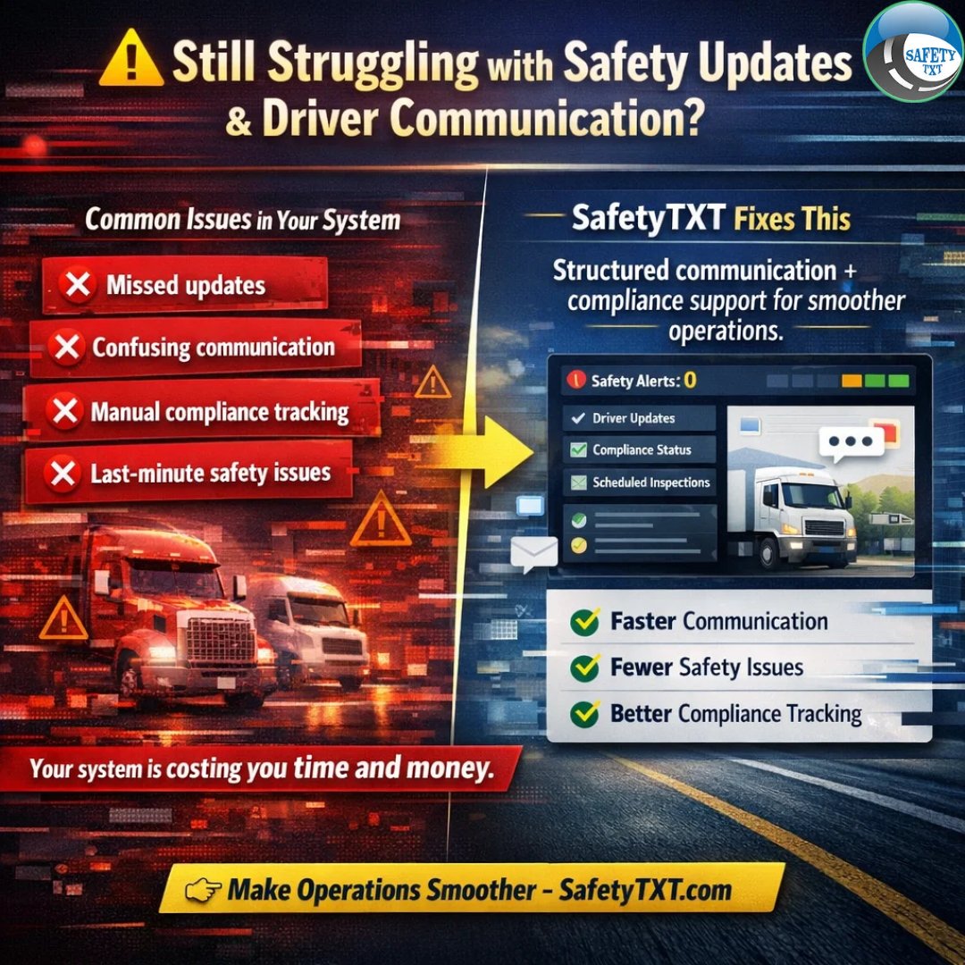 safety_txt's tweet image. ⚠️ Still struggling with safety updates and driver communication?

SafetyTXT helps fix this with structured communication and compliance support.

👉 Make operations smoother: safetytxt.com

#FleetOperations #TransportationBusiness #ComplianceManagement