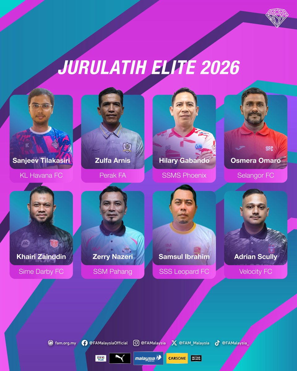 FAM_Malaysia's tweet image. Barisan Pengendali Pasukan Liga Puteri Elite 2026! 

Menjelang saingan Liga Puteri Elite 2026 Sabtu ini, memperkenalkan barisan ketua jurulatih 8 pasukan bertanding yang akan membuka tirainya di Kompleks Sukan PKNS, Kelana Jaya!

#FAM #HarimauMalaya #LigaPuteriElite2026