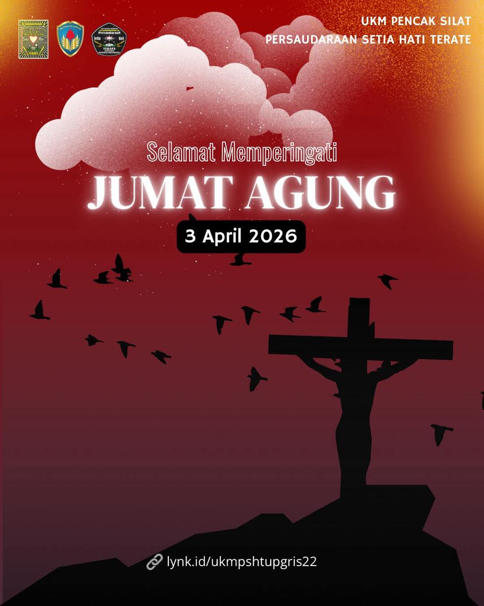 PSHT_Upgris's tweet photo. Selamat hari Jumat Agung✝️
3 April 2026

*Mari jadikan hari ini momen merenungkan kasih dan pengorbanan Yesus Kristus di kayu salib, yang membawa harapan, kedamaian, dan penebusan bagi umat manusia.*✨

Bidang Humas dan Informasi Komunikasi Psht Upgris 2025/2026 https://t.co/4vcLAdDNUM