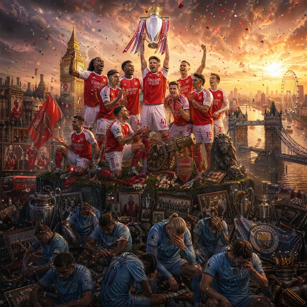 ForrestCreates's tweet photo. @AlexiLalas City spent all that money just to become the saddest supporting cast in football.

Heads down. Trophy gone.
North London owns the view from the top.
Cry louder, blue moon. 

#Arsenal #AFC #COYG #PremierLeague #EPL #NorthLondon #Gunners #ArsenalFans #FootballTwitter https://t.co/u3FVSRglU1