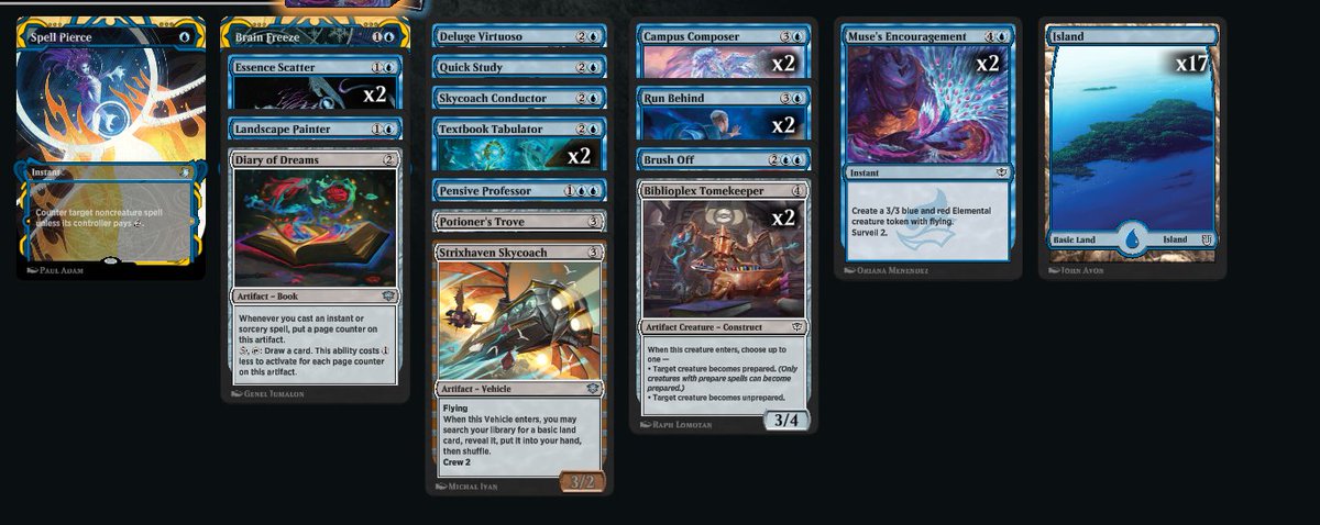 DestryCravens's tweet photo. This by no means performed well, but went with a MonoU Storm build in SOS draft. Started with Conductor into Tomekeeper to power the potential for a BF pick while also allowing me to reset other ETB prepared creatures, got to go off a few times at opps end steps to storm off. 😂 https://t.co/NUGiZMTt1B