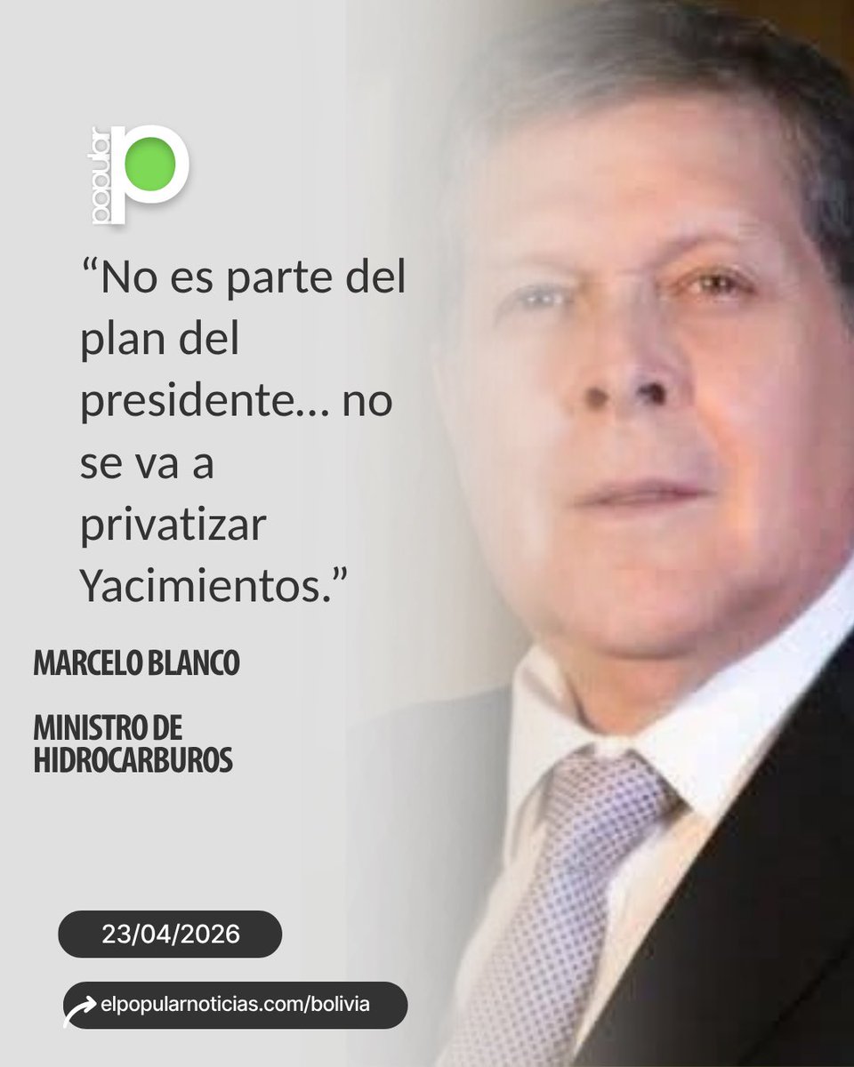 popularbolivia's tweet image. #Frase | YPFB no será privatizada, asegura el ministro de Hidrocarburos

En medio del debate sobre cambios en el sector energético, el ministro de Hidrocarburos, Marcelo Blanco, descartó de forma categórica la privatización de Yacimientos Petrolíferos Fiscales Bolivianos (YPFB).