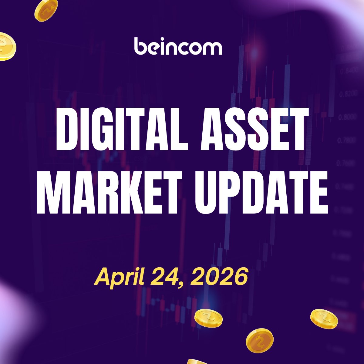 BEINCOM MARKET UPDATE 📊 | April 24,2026
💸Market Overview
$BTC: $78,379.76 (+0,1%)
$ETH: $2,328.77 (-1,5%)
$BNB: $638.48 (+0,1%)
$SOL: $86.16 (-0,2%)
$XAU: $4,683.76 (-0,23%)
$BIC: $0.006318

🌍 Spot ETF Flows (April 23)
- BTC spot ETF net inflows at +$55.8M, BlackRock data not