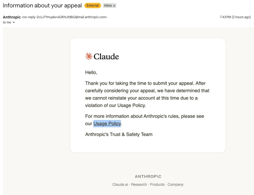 MrJPisGreat's tweet photo. @claudeai HELP!! I attempted to open an account with Claude, start a subscription, but as soon as I paid, my account was banned. I submitted an appeal, and this is the message I received.

I hadn't even started a chat yet...how can my account be banned? https://t.co/mvpM4l45Rp
