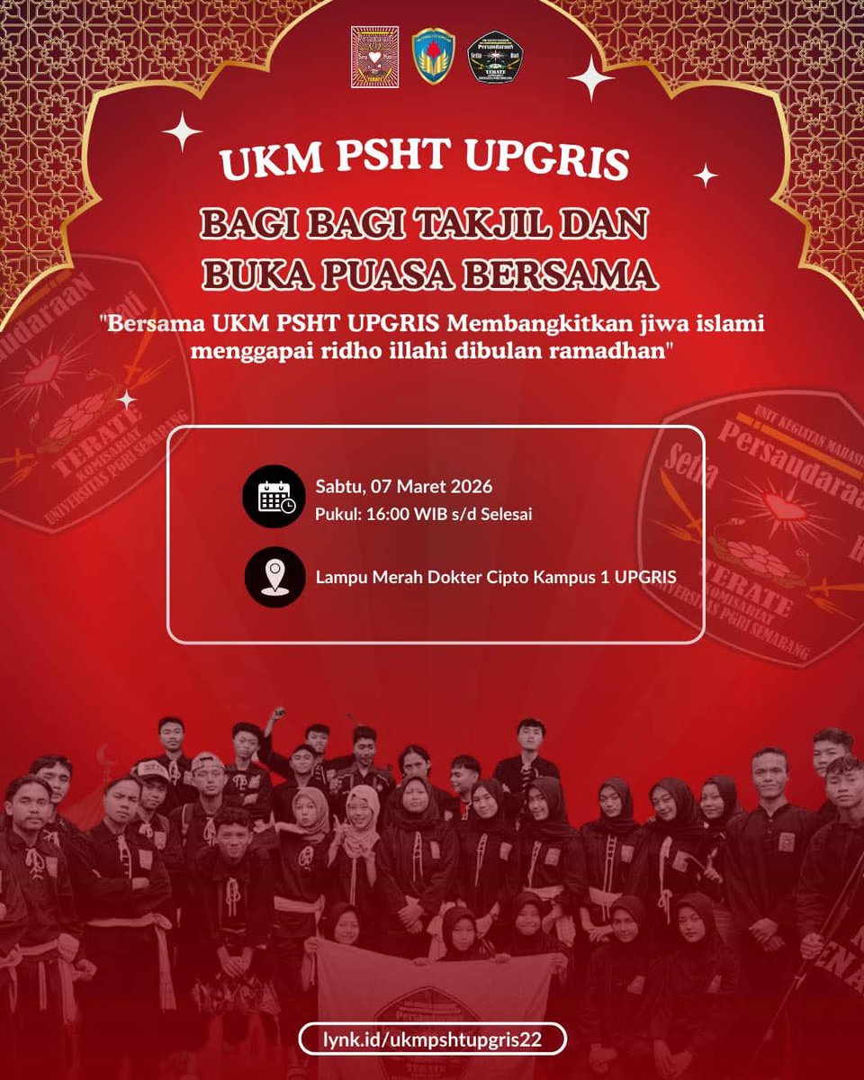 PSHT_Upgris's tweet photo. *✨BAGI TAKJIL &amp; BUKA PUASA BERSAMA UKM PSHT UPGRIS ✨*

*Mari sambut keberkahan Ramadan dengan berbagi kebaikan dan mempererat silaturahmi* 🤝
*Bersama UKM PSHT UPGRIS, kita bangkitkan jiwa Islami dan raih ridho Ilahi di bulan suci ini* https://t.co/ZGyK2tW060