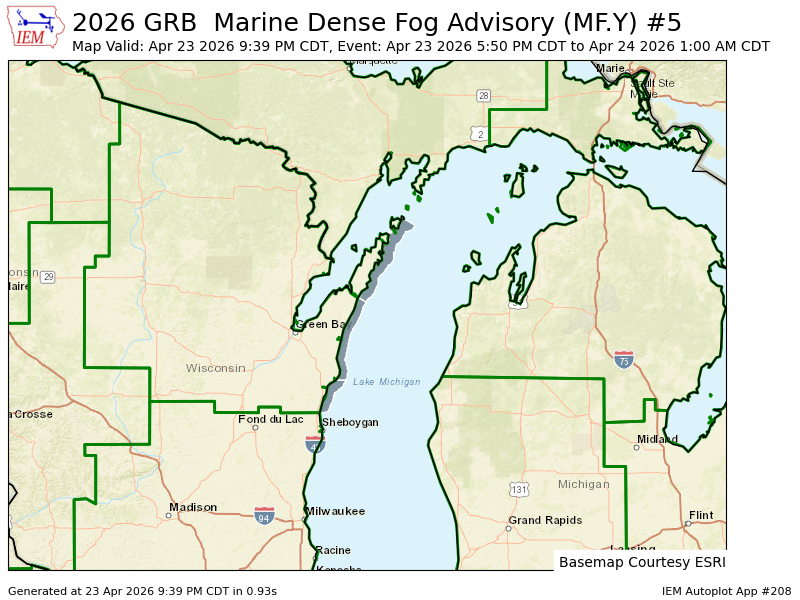 GRB continues Marine Dense Fog Advisory for Rock Island Passage to Sturgeon Bay WI, Sturgeon Bay to Two Rivers WI, Two Rivers to Sheboygan WI [LM] till Apr 24, 1:00 AM CDT mesonet.agron.iastate.edu/vtec/f/2026-O-…