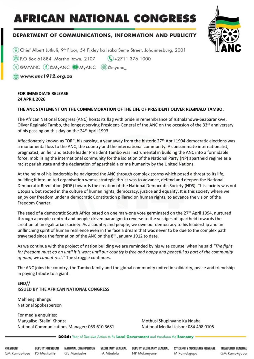 ANCECape's tweet photo. The ANC hoists its flag with pride in remembrance of Isithalandwe-Seaparankwe, Oliver Reginald Tambo, the longest serving President-General of the ANC on the occasion of the 33rd anniversary of his passing on this day on the 24th April 1993.
#RememberingORTambo https://t.co/GPaXRHqBWT