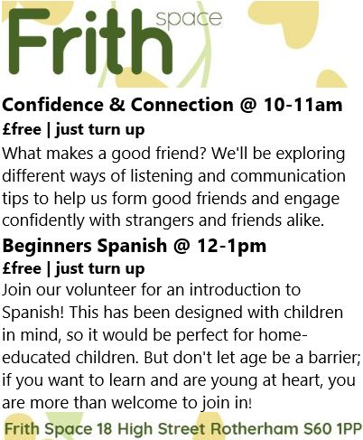 Stag_RosePPG's tweet image. #friday at Frith Space, High Street S60 1PP 

Building Confidence and Connection 
Beginners Spanish
Game On
Knit &amp;amp; Natter

See below
#ConfidenceBoost #ConnectionMatters #friendship #spanish #knitandnatter #GameOn #EndLoneliness