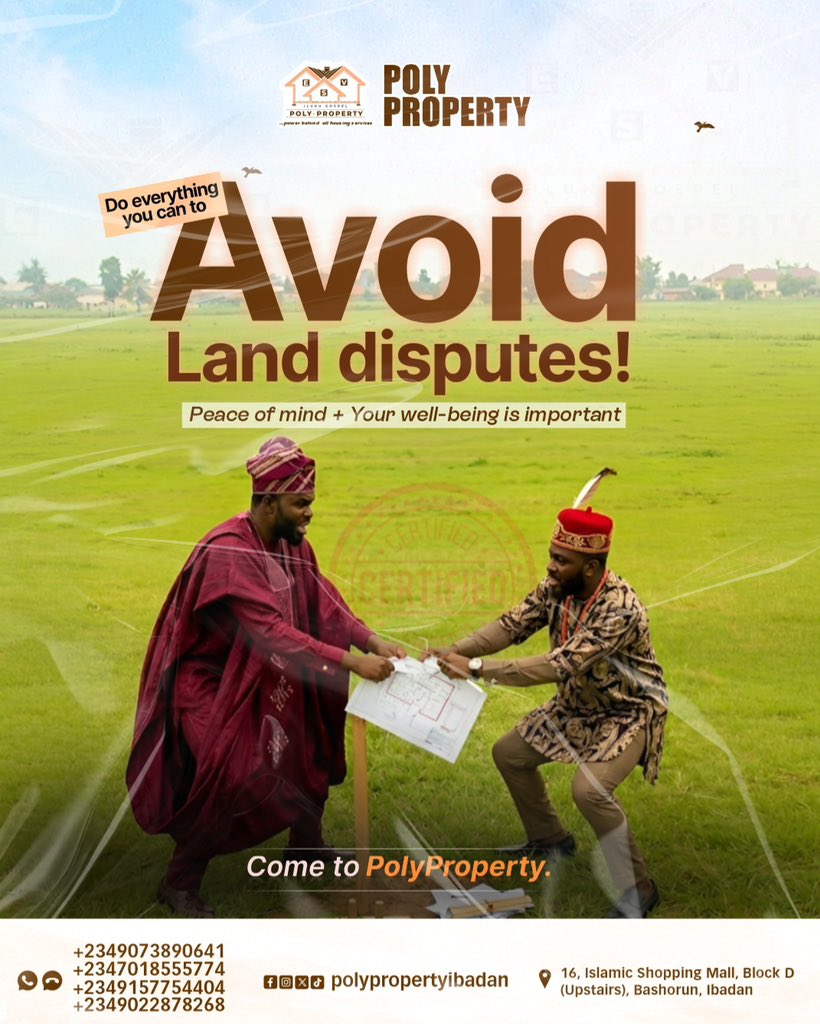 ibadanrealtor's tweet photo. 👷♂️Avoid land disputes. Secure your future the right way. With Poly Property, your peace of mind is guaranteed.
☎️ Contact us today to get verified properties you can trust.
#PolyProperty #IbadanRealEstate #VerifiedLand #LandForSale #propertyinvestment https://t.co/1eex2NuGkD