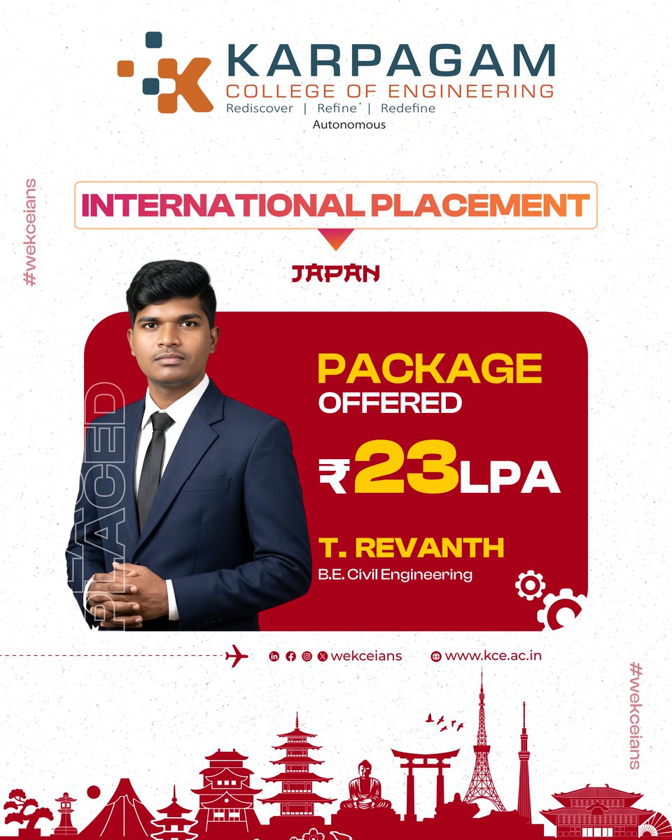 wekceians's tweet image. Global milestone achieved.

Karpagam College of Engineering congratulates T. Revanth (B.E. Civil) on securing an international placement in Japan with a ₹23 LPA package a strong step toward a global career.

#PlacementSuccess #GlobalCareer #Excellence #CareerMilestone