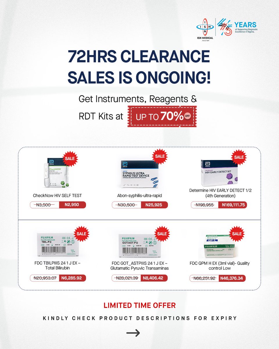 ISN_Medical's tweet image. If yesterday passed you by, today is still yours. The 72-hour clearance sale continues, reagents and RDTs at up to 70% off. 

Some SKUs are already thinning out. The earlier you reach out, the more options you walk away with.

#ISNMedical #ISNmedicaldiagnostics #ClearanceSale