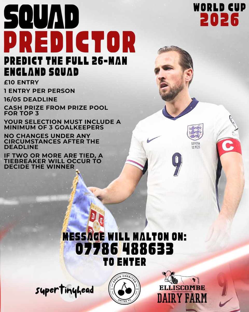 🍒 WORLD CUP 🍒

If you’re good at reading the future and want the majority of your group stages beers paid for then this might be the post for you.

Predict the upcoming England 26 man squad for the World Cup to win. 

Latest entry will be the 16th of May.

🍒