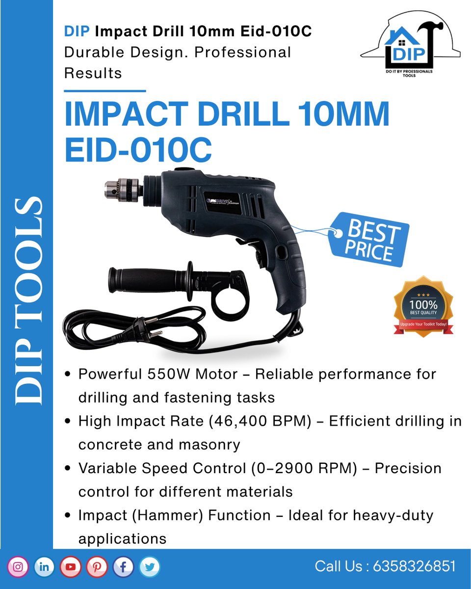 ToolsDip's tweet image. 🔧 Drill Smarter. Work Stronger.

Meet the DIP Impact Drill 10mm EID-010C 💪

⚡ 550W Power
⚡ 46,400 BPM Impact
⚡ Variable Speed Control
⚡ Built for Concrete &amp;amp; Masonry

💥 Perfect for tough jobs &amp;amp; precision work
📞 6358326851

#DIPTools #ImpactDrill #PowerTools #Construction