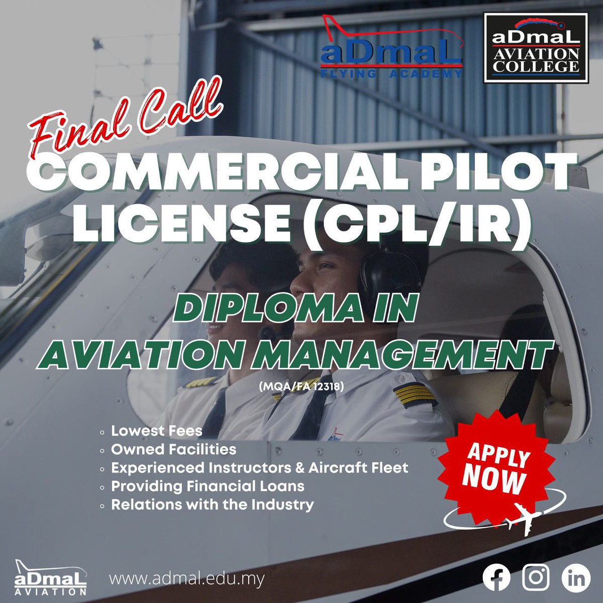 AdamSyahmi_'s tweet photo. Final Call — Intake Closing Soon ✈️

This is your last chance to join Admal Flying Academy CPL/IR Frozen ATPL with Diploma in Aviation Management.

Seats are almost full and applications are closing fast. Don’t miss your opportunity to become a professional pilot ! https://t.co/fyvlpdZKky