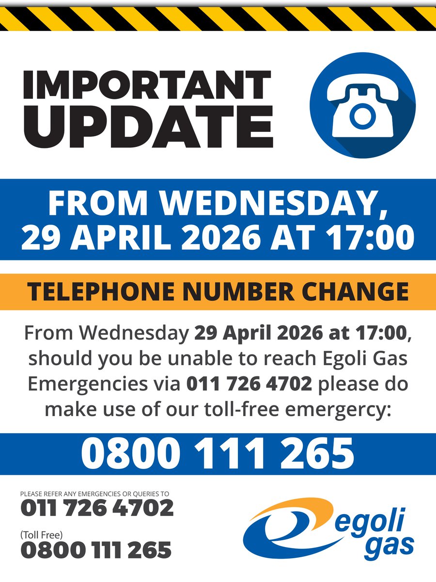 EgoliGas's tweet photo. Dear valued customers, please take note that our emergency telephone number will temporarily change. From Wednesday, 29 April 2026 please reach us on 0800 111 265.
#egoligas #tollfree #emergencycontact #joburg https://t.co/lPEg5Xc2hY