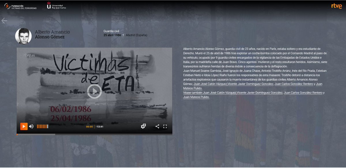 _FundacionVT's tweet image. Siempre en la #memoria. El 25-04-86, ALBERTO AMANCIO ALONSO GÓMEZ, agente @guardiacivil, fue asesinado en Madrid por #ETA. un coche-bomba explotó al paso de un vehículo ocupado por 9 agentes. Vigilaban las Embajadas de EE.UU. e Italia. Tenía 23 años.
rtve.es/memoriadevida/…
(1)