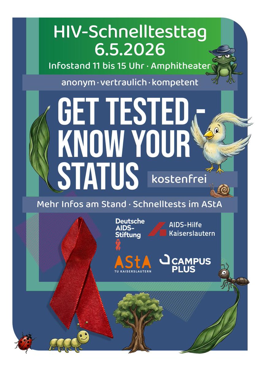 ❣️ get tested - know your status ❣️

Der 3. HIV-Schnelltesttag an der RPTU (Standort Kaiserslautern) steht an.

06.05.2026, 11 - 15 Uhr

Das Angebot ist anonym und kostenfrei!

#hivschnelltest #aidshilfekaiserslautern #rptu #deutscheaidsstiftung #aidshilfe #kaiserslautern