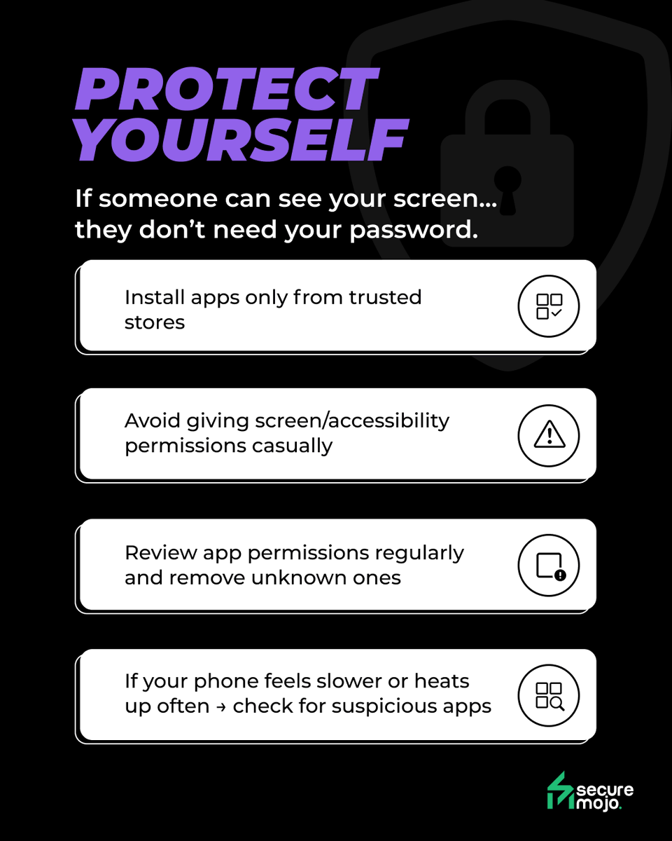 SecureMojo's tweet photo. It’s your screen… your data 👀
But not always your control ⚠️ 

#securemojo #Cybersecurity #OnlineSafety #DigitalHygiene #OnlineProtection #CyberSmart #cybersafe #Spyware #ScreenTracking #DataCapture #hackerspov https://t.co/B58smr375s
