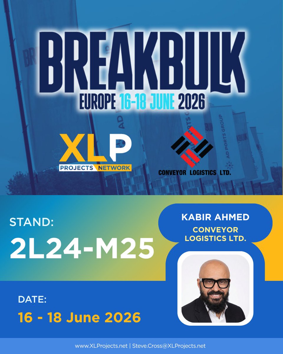 Come visit us at Stand 2L24-M25! 🇳🇱✨

We’ll be there with Kabir Ahmed from Conveyor Logistics Ltd. Looking forward to catching up with everyone! 😊🚢

#XLProjects #AINetworks #LogisticsNetwork #freightnetworks #heavylift #BreakbulkEurope2026 #BBEU26