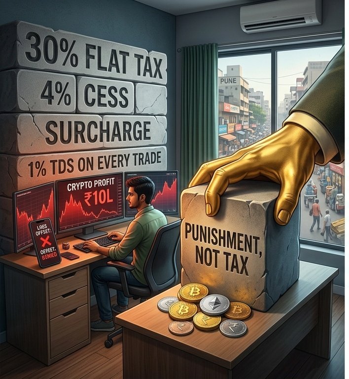 legendcrypto95's tweet photo. India has one of the harshest crypto tax systems in the world

And it’s quietly killing innovation
> Flat 30% tax on profits 
> On top of that, 4% cess + surcharge making effective tax goes even higher
#cryptocurrency #taxation #Crypto2026 https://t.co/sVx7mtALOp