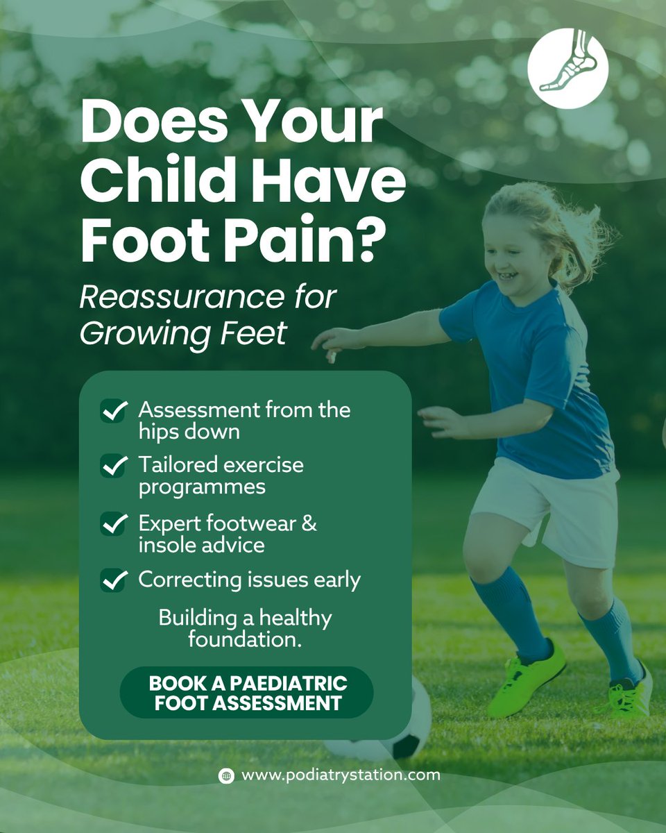 PodiatryStation's tweet image. Is your child complaining of foot pain? 👣 

Don't just dismiss it as "growing pains." 

We assess children from the hips down to identify issues early and keep them moving comfortably.

Book a kids' check-up: podiatrystation.com

#KidsFeet #ParentingUK #Podiatry