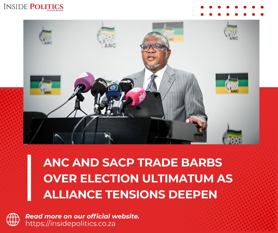 InsidePoliticSA's tweet image. Tensions between the #ANC and #SACP have intensified following a public clash over an election ultimatum, highlighting growing divisions within the tripartite alliance. This development signals potential shifts in #SouthAfrica’s political landscape as election season approaches.