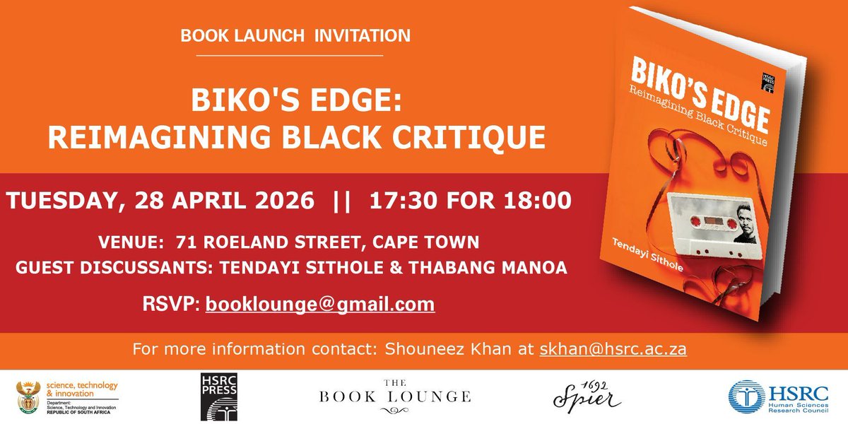 HSRCPress's tweet image. Join us for the launch of Biko’s Edge: ReImagining Black Critique — a powerful re-engagement with Black Consciousness and its relevance today.
#BikosEdge #BlackConsciousness #BookLaunch