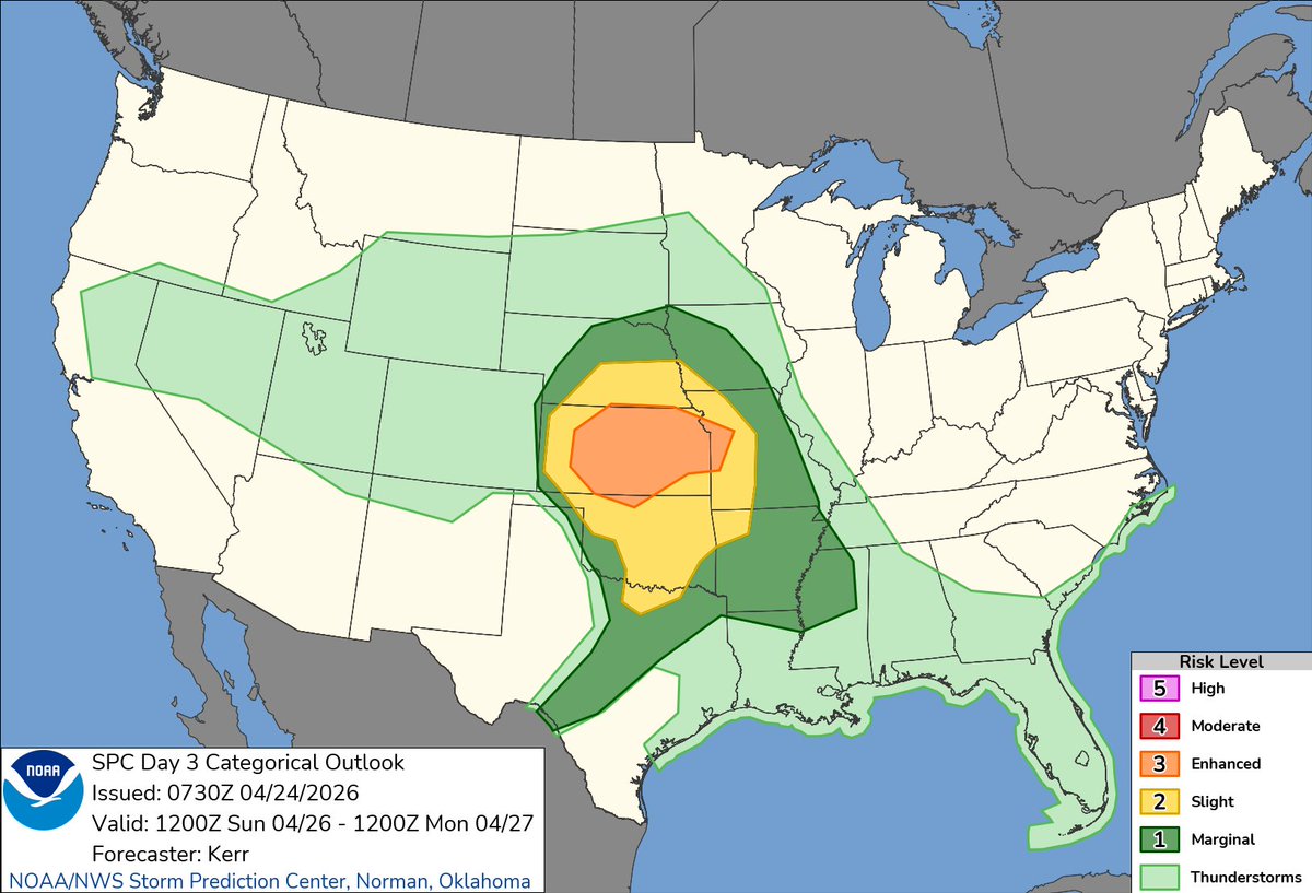 NWSSPC's tweet image. 2:31am CDT #SPC Day3 Outlook Enhanced Risk: Sunday evening into Sunday night across much of Kansas and adjacent portions of northern Oklahoma western Missouri spc.noaa.gov/products/outlo…