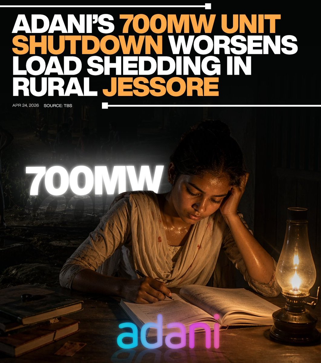 Bangla_Guardian's tweet image. Power crisis deepens as #Adani Power cuts electricity supply to #Bangladesh. #Jessore faces severe load shedding, with rural areas enduring 7–8 hour outages daily amid extreme heat and SSC exams, intensifying public hardship and concern. #PowerCrisis #LoadShedding #EnergyCrisis