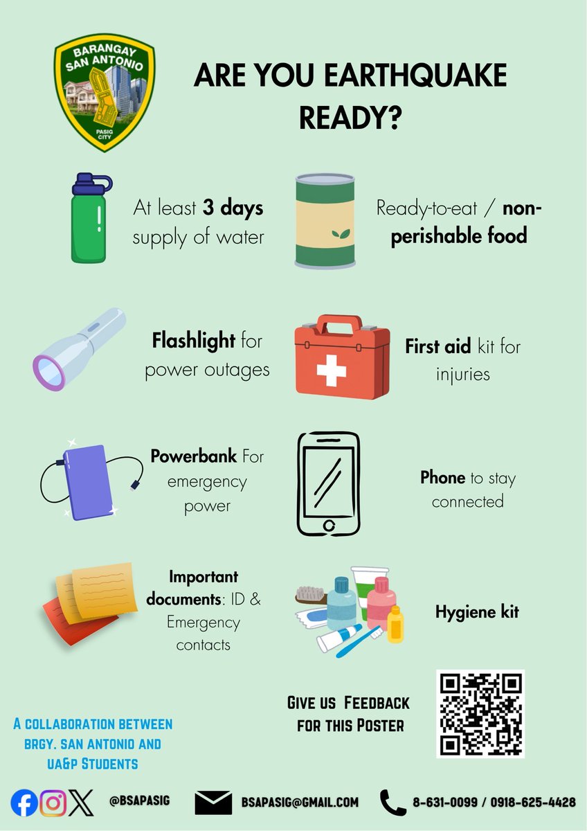 bsapasig's tweet image. Through the collaboration of @bsapasig and @uapasia NSTP students, 🤝🏻 we remind everyone that safety starts with awareness and preparation. ✅ Prepare and emergency kit, 🎒 and remember what to do before, during, and after a disaster. 💡

#CommunitySafety #BeEarthquakeReady