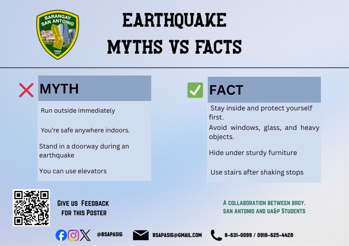bsapasig's tweet image. Through the collaboration of @bsapasig and @uapasia NSTP students, 🤝🏻 we remind everyone that safety starts with awareness and preparation. ✅ Prepare and emergency kit, 🎒 and remember what to do before, during, and after a disaster. 💡

#CommunitySafety #BeEarthquakeReady