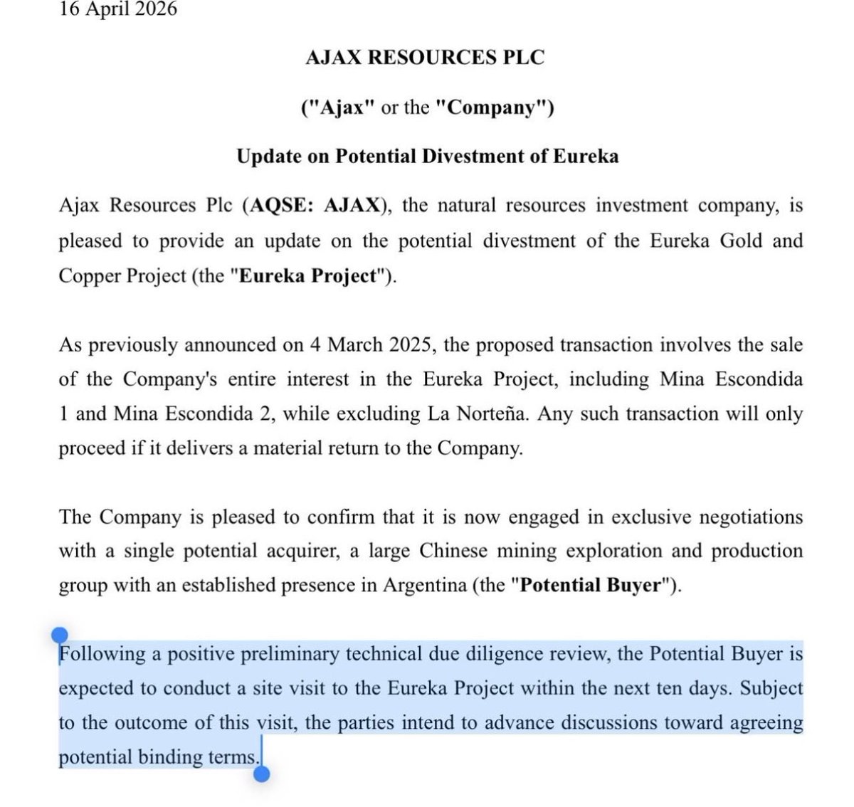 jsimmons_27's tweet image. #AJAXRESOURCES 
Site visit planned for start of this week so all 👀 on news anyday from next week 
Mcap £9m &amp;amp; £3.5m cash 

Game changing &amp;amp; transformational deal to sell the Eureka asset to a Chinese mining company 
#copper #gold #silver
