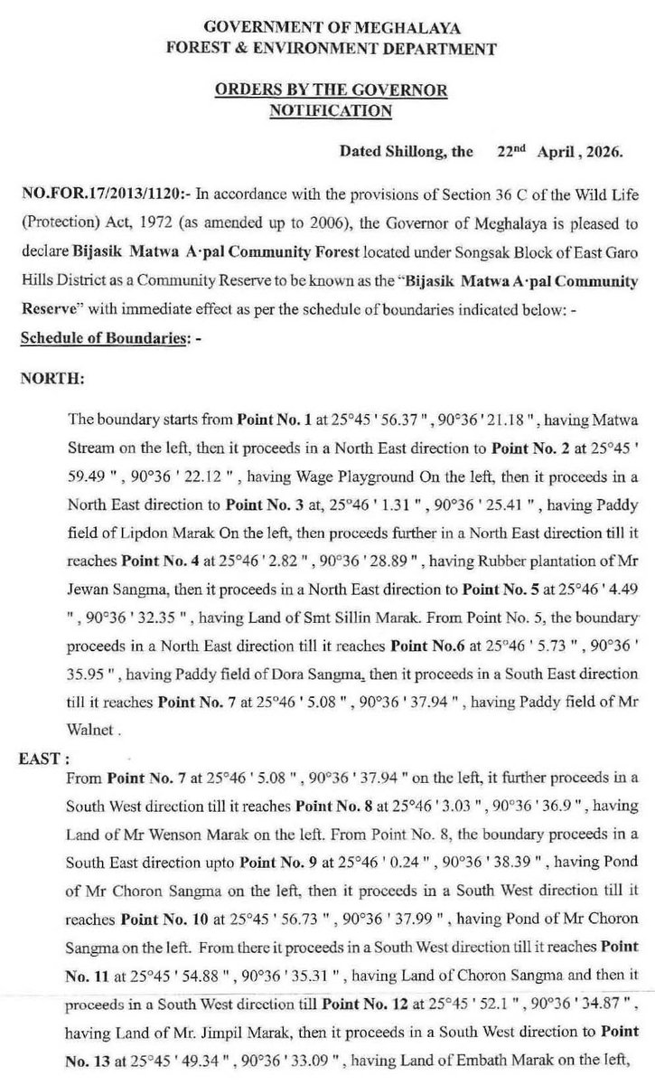 MeghalayaGov's tweet image. #Declaration of Bijasik Matwa A’pal #CommunityForest under #Songsak Block, #EastGaroHills District, as a #CommunityReserve to be known as the ‘Bijasik Matwa A’pal Community Reserve’, with immediate effect @DiprMeghalaya (meghalaya.gov.in/sites/default/…)