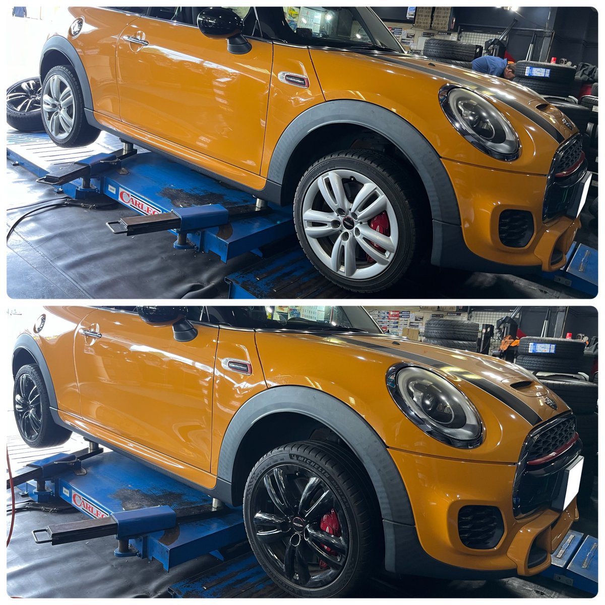 fit7377's tweet image. FIT町田です👨‍🔧

本日はMINI F56 JCWの履き替え作業です。

同じデザインのホイールでもシルバーと黒ではガラッとイメージが変わりますね👀

ちなみにホイールを暗めのカラーにするとブレーキダストが見えにくくなります👐

ブラックカラーホイール在庫ストック中！

fit-mini.com

#mini