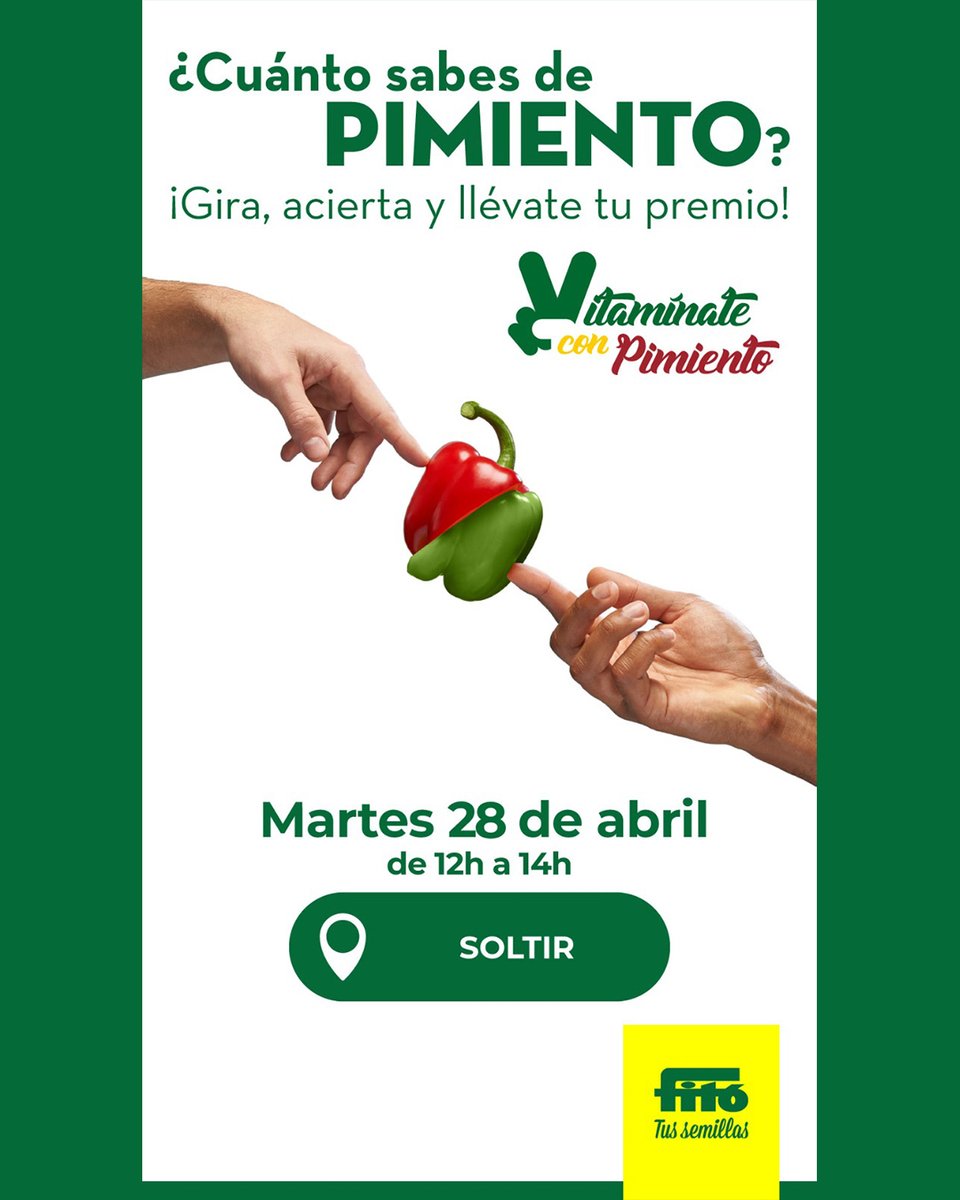 🫑¿Cuánto sabes de pimiento? Demuéstralo y gana. 🏆
Te esperamos el 28 de abril en Soltir
Gira la ruleta, responde la pregunta y ¡llévate tu premio!

 📅 Fecha: 28 abril
📍  Ubicación: share.google/Px8RslnSRWjLOb…