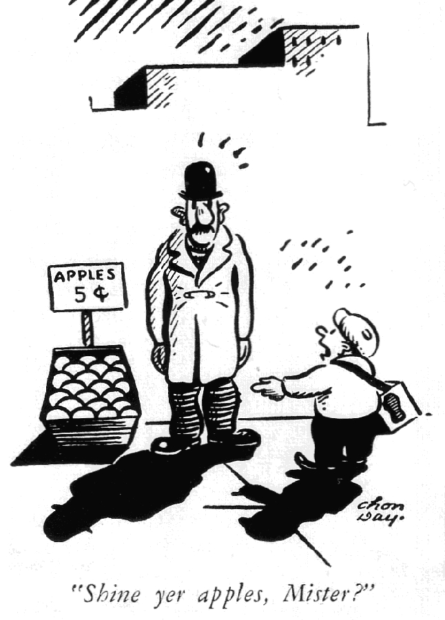 LRonLacy's tweet image. #OTD in 1931
(Depression humor)
'Shine yer apples, Mister?' Cartoon by Chauncey “Chon” Day, April 24, 1931.
#GreatDepression #cartoons #cartoonists #ChonDay