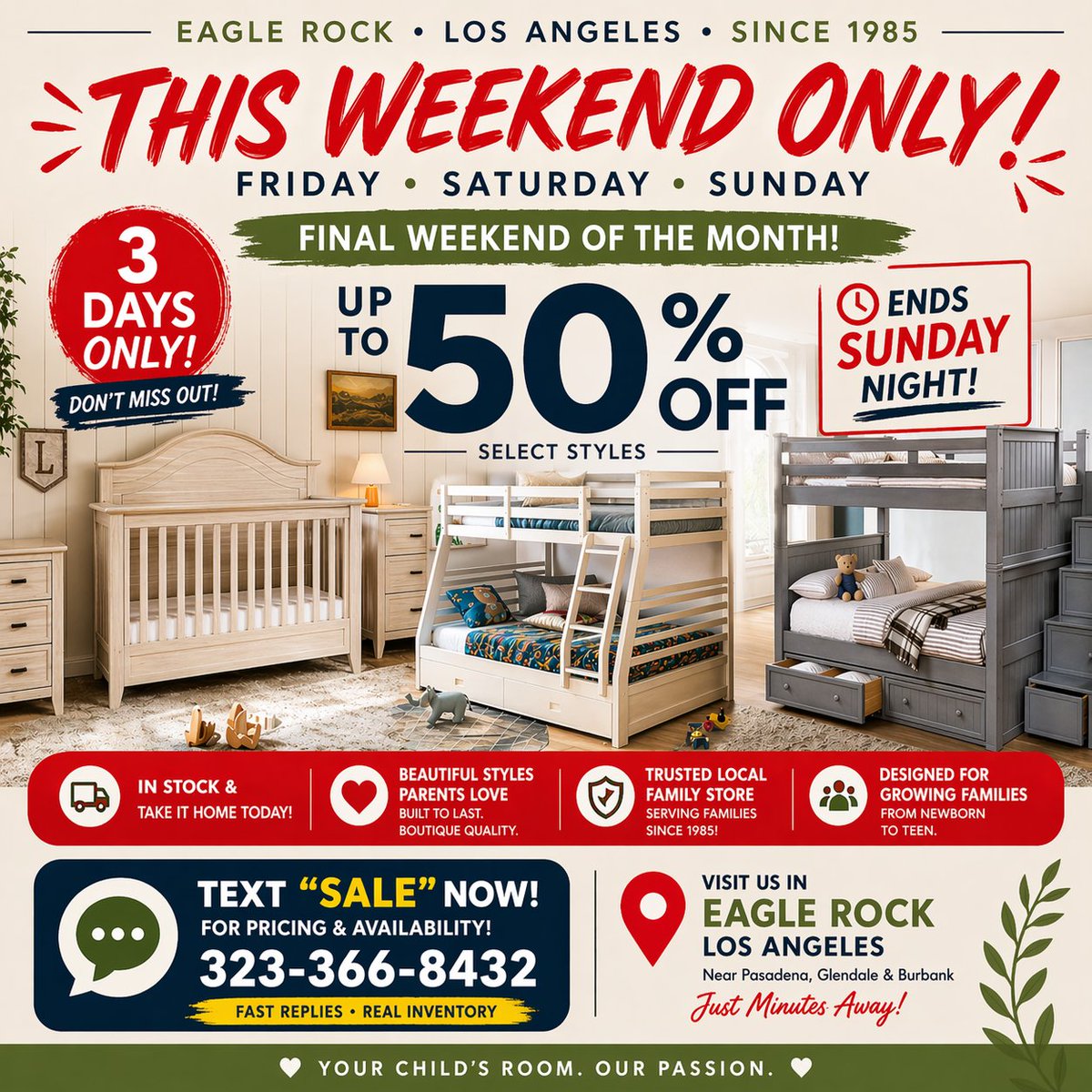 KidsFurnitureSS's tweet image. THIS WEEKEND ONLY 🚨
Up to 50% OFF kids furniture in Los Angeles
Bunk beds • Cribs • Kids beds
📍 Eagle Rock

Ends Sunday. Don’t wait.
#LosAngeles #KidsFurniture