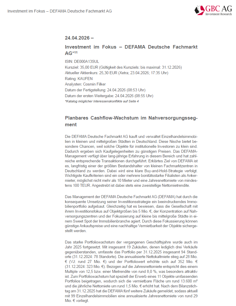 GBC_Research's tweet image. DEFAMA Deutsche Fachmarkt AG #EquityResearch #InvestmentimFokus  Rating: kaufen  Kursziel: 35,00€ "Planbares Cashflow-Wachstum im Nahversorgungssegment" #SmallCaps #Börse #Aktie #Research #RealEstate t1p.de/prkl6