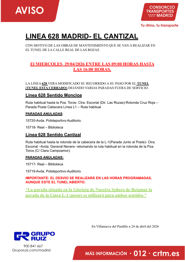 AutoPeriferia's tweet photo. ⚠️AVISO IMPORTANTE⚠️

 Modificación de recorrido de las líneas 625 y 628 con motivo delas obras de mantenimiento de la Calle Real de Las Rozas.

📍29 de abril  
🕘A partir de las 09:00 hasta las 16:00

Disculpen las molestias. https://t.co/OuaBylr5s3