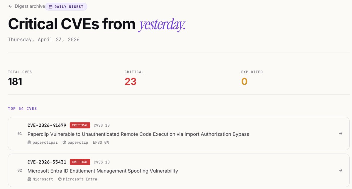 Introducing Daily CVE Digest: the critical vulnerabilities from the last 24h, ranked and delivered at 9am UTC.

CRITICAL + HIGH only. Sorted by active exploitation, CVSS, and EPSS. Free, email-only, no account.

Skip the noise, read the signal: vulntracker.io/digest