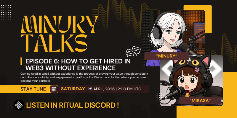 Now, we’re talking about building career and growth in Web3.

Please come and join us for EPISODE 6: How to get hired in Web3 without experience

with my co-host <a href="/yumikasaaaa/">Mikasa ⭐</a> live at Ritual Discord

<a href="/ritualnet/">Ritual</a> <a href="/ritualfnd/">Ritual Foundation</a>

<a href="/joshsimenhoff/">Josh (❖,❖)</a> <a href="/dunken9718/">dunken(ritual/acc) (❖,❖)</a> <a href="/0xMadScientist/">Stefan | Mad Scientist (❖,❖)</a> <a href="/Jez_Cryptoz/">Jez ritual/acc (❖,❖)</a>