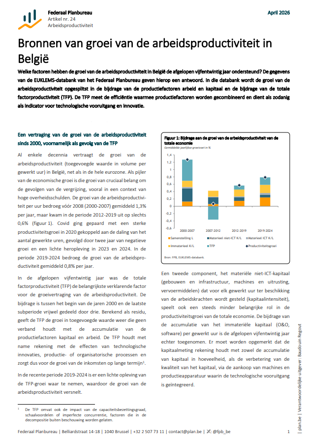 📈Wat verklaart de groei van de arbeidsproductiviteit in België?

Het Federaal Planbureau heeft op basis van een update van zijn EUKLEMS-database de groei van de arbeidsproductiviteit voor de periode 2000-2024 uitgesplitst.

👉Raadpleeg de publicatie: plan.be/nl/publicaties…